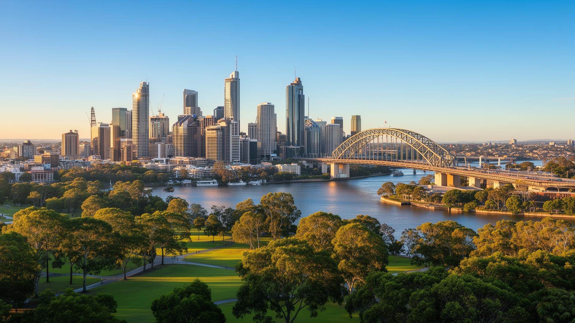 Brisbane city skyline along the river with parklands and bridge in golden afternoon light